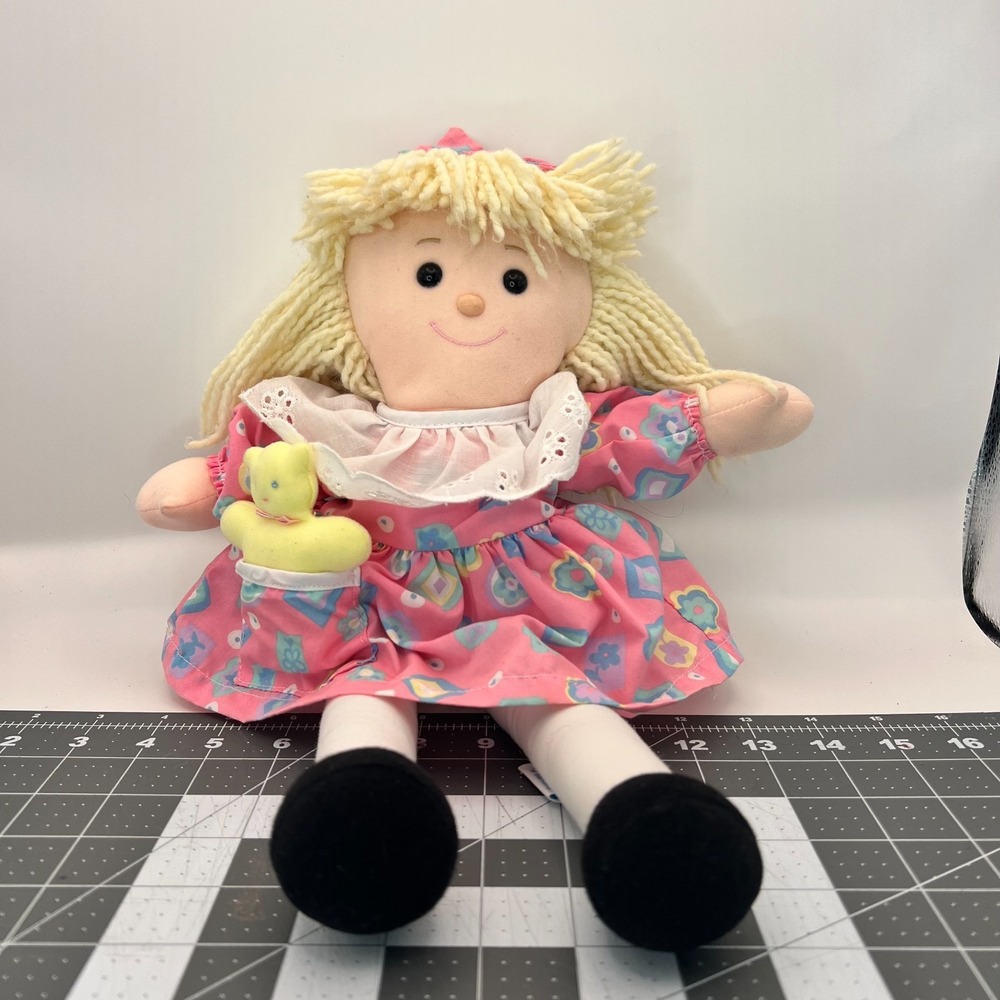 Eden Toys Rag Doll Blonde Yarn Hair Pink Dress Cloth Doll Plush Toy Vintage